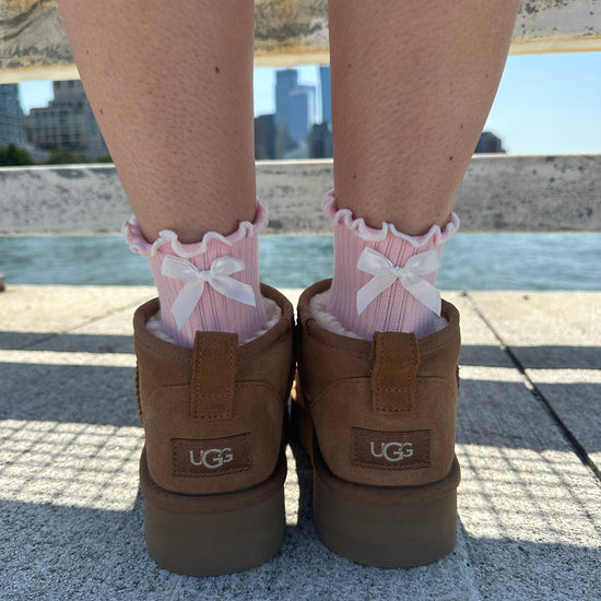 Pink white bow socks