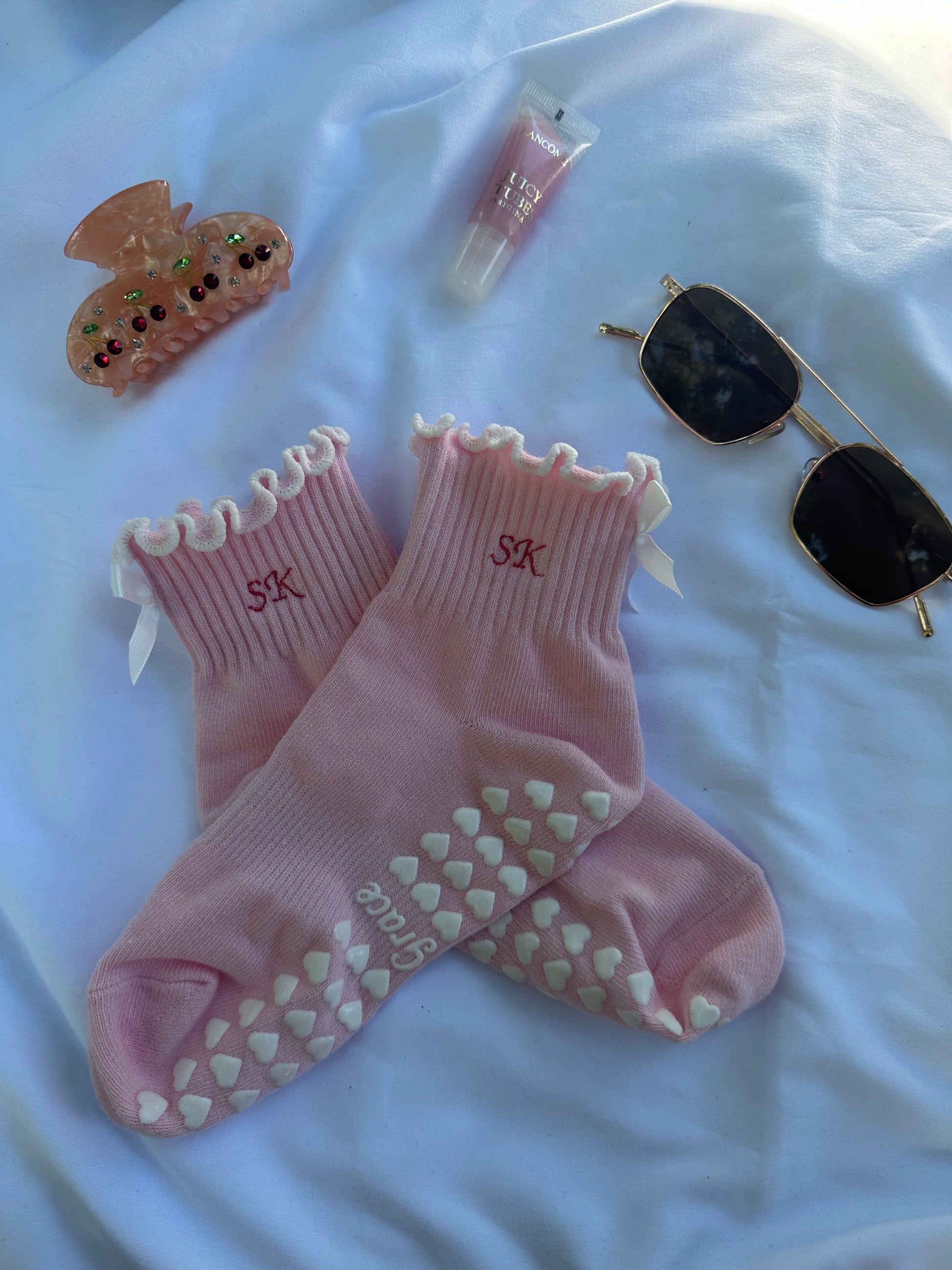 Pink ruffle yoga socks