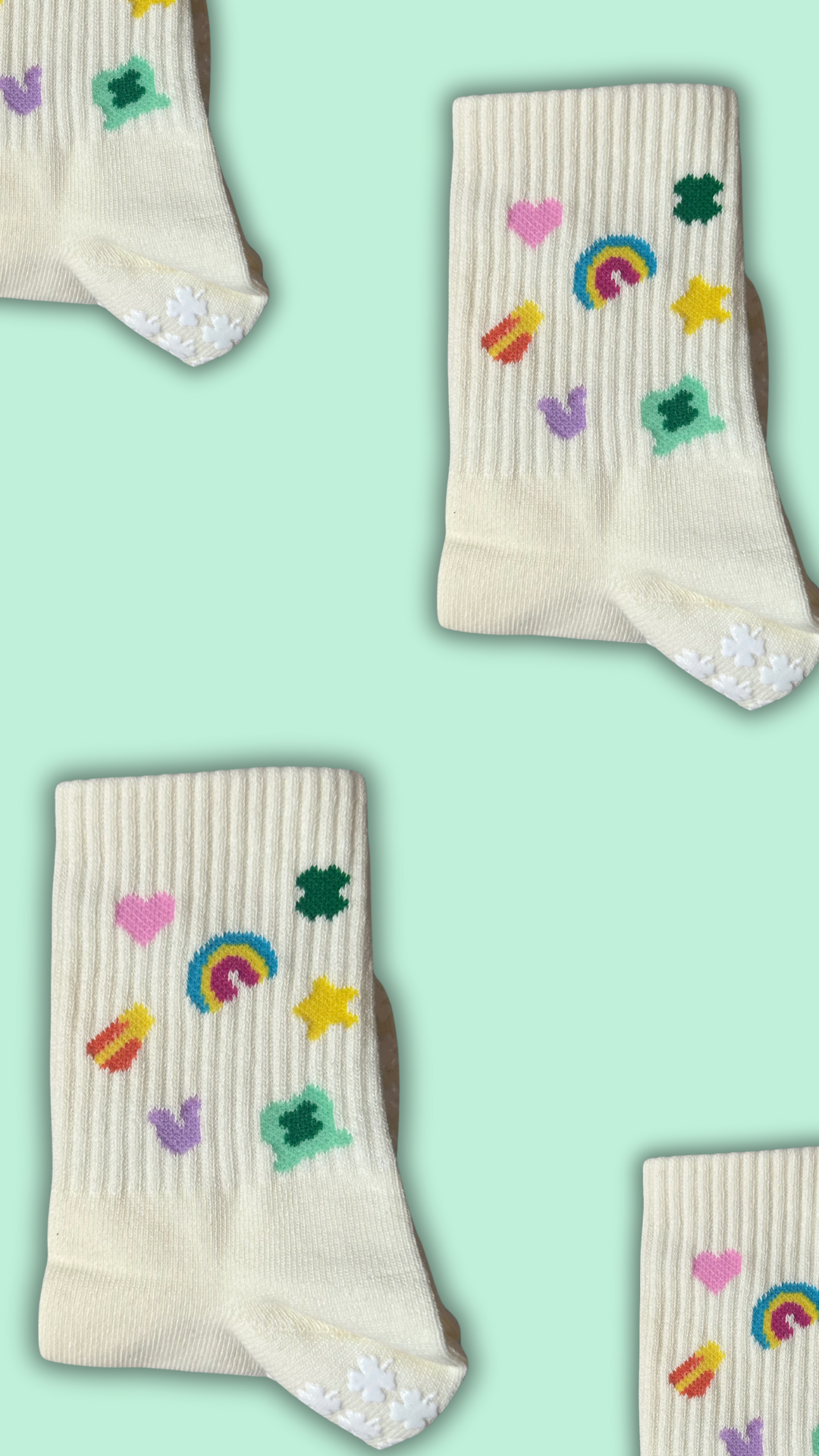 Cream non slip grip sock with four leaf clover grips for pilates, yoga, barre or lagree