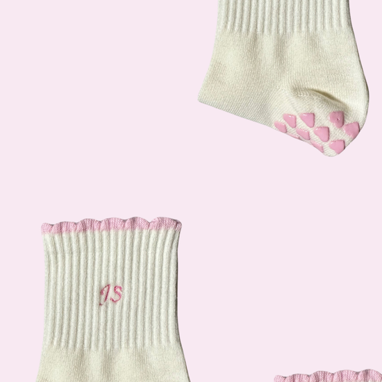 custom initial non slip pink and cream grip sock with pink heart grips 