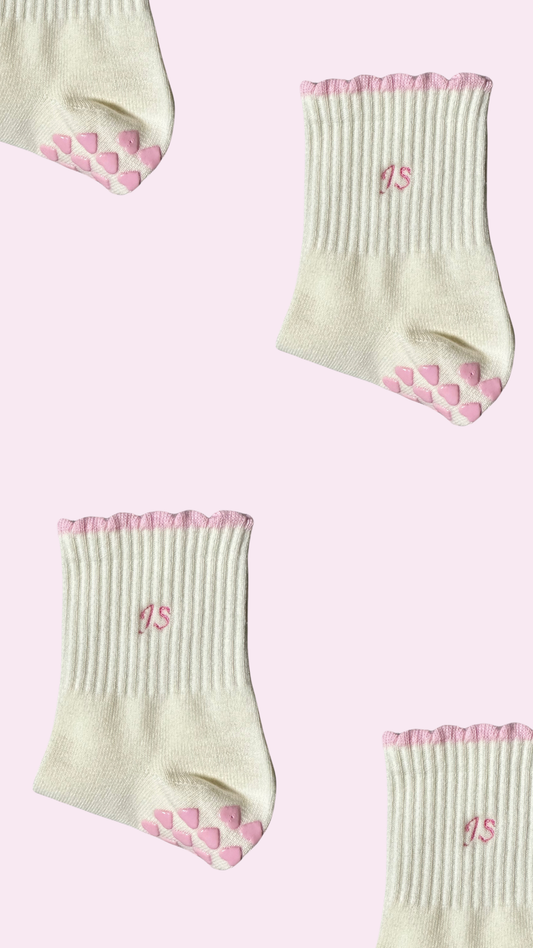 custom initial non slip pink and cream grip sock with pink heart grips 