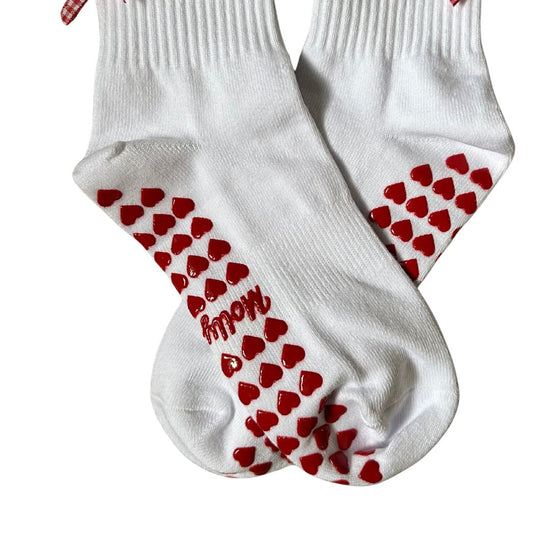 White ruffle non slip grip sock with gingham bow and red heart grips for pilates, yoga, lagree and barre