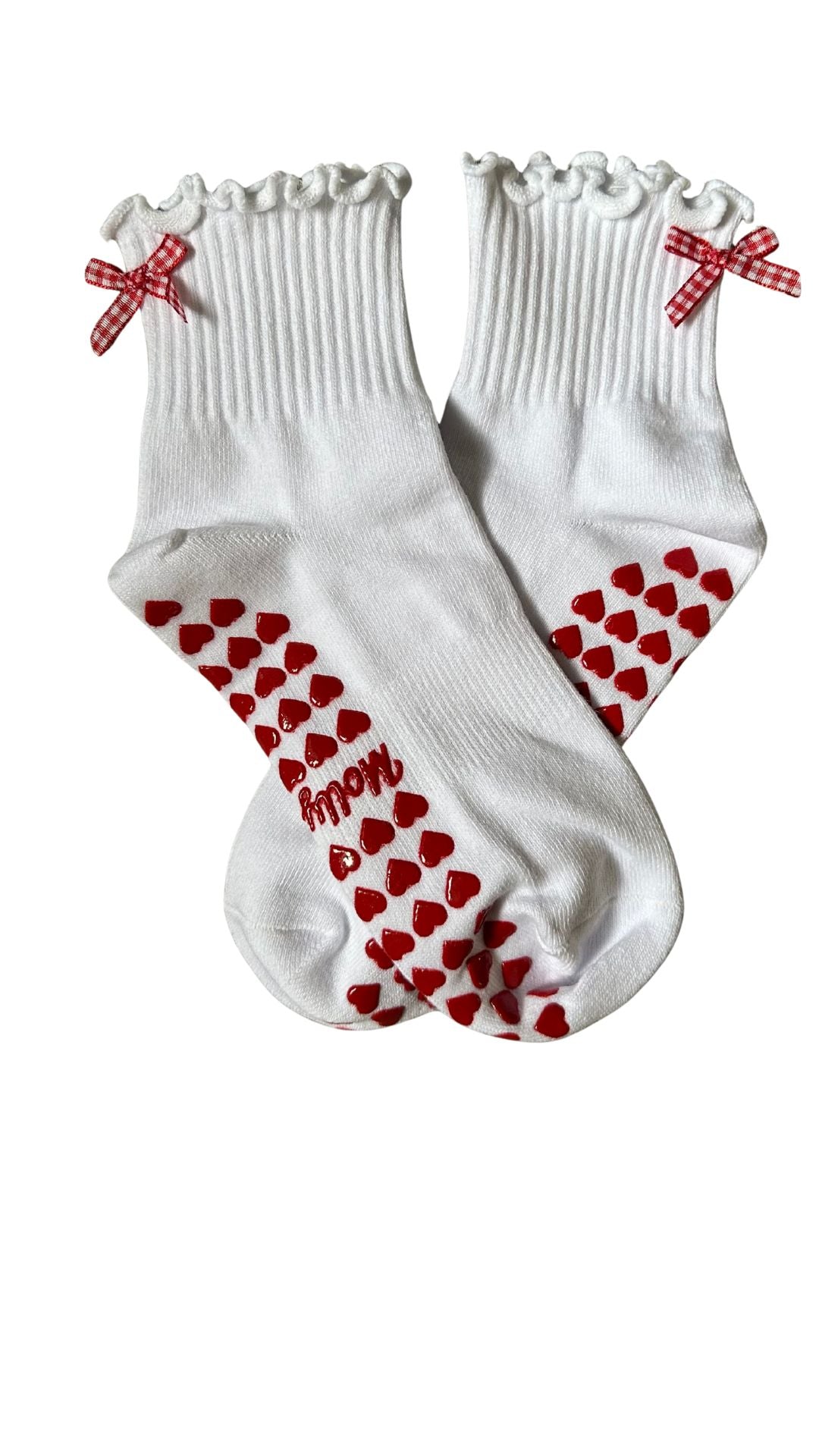 White ruffle non slip grip sock with gingham bow and red heart grips for pilates, yoga, lagree and barre