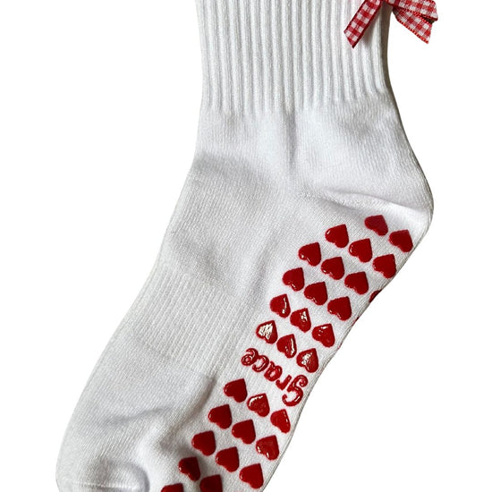 White ruffle non slip grip sock with gingham bow and red heart grips for pilates, yoga, lagree and barre